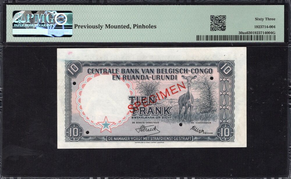 Belgian Congo - 10 Francs 1955 - Pick # 30as - SPECIMEN - PMG 63