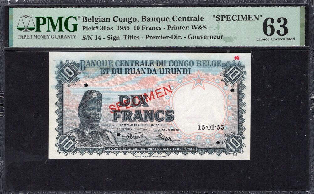 Belgian Congo - 10 Francs 1955 - Pick # 30as - SPECIMEN - PMG 63