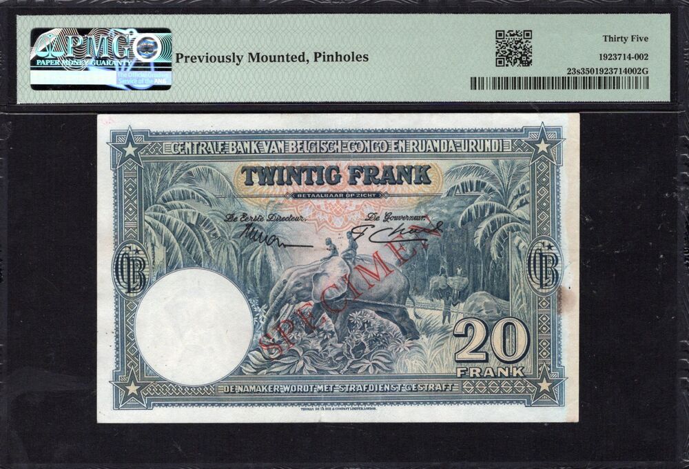 Belgian Congo - 20 Francs 1952 - Pick # 23s - SPECIMEN - PMG 35