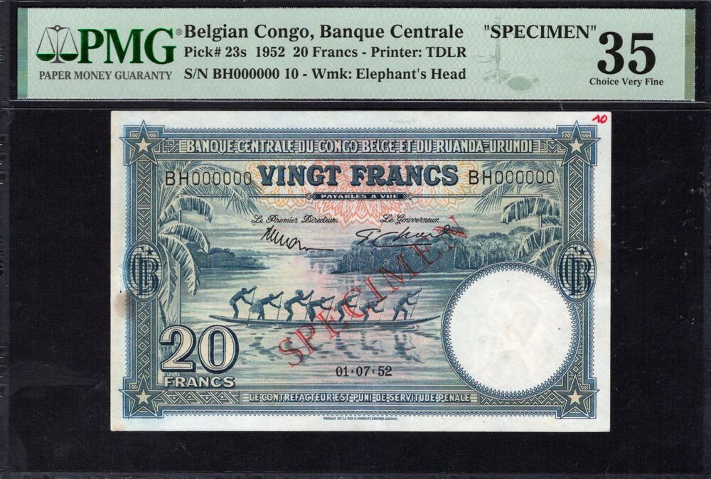 Belgian Congo - 20 Francs 1952 - Pick # 23s - SPECIMEN - PMG 35