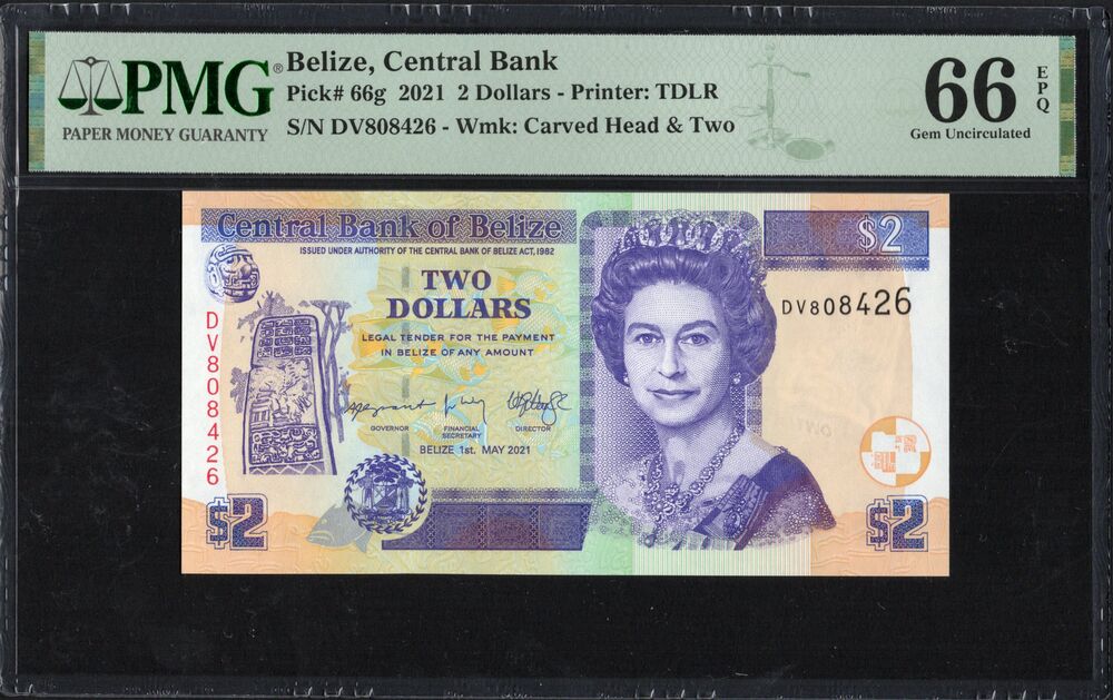 Belize - 2 Dollars 2021 - Pick # 66g - PMG 66 EPQ