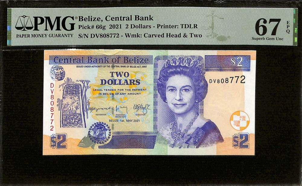 Belize - 2 Dollars 2021 - Pick # 66g - PMG 67 EPQ