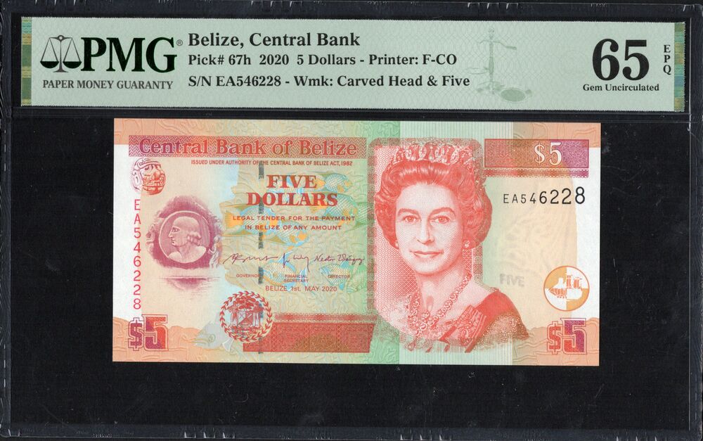 Belize - 5 Dollars 2020 - Pick # 67h - PMG 65 EPQ