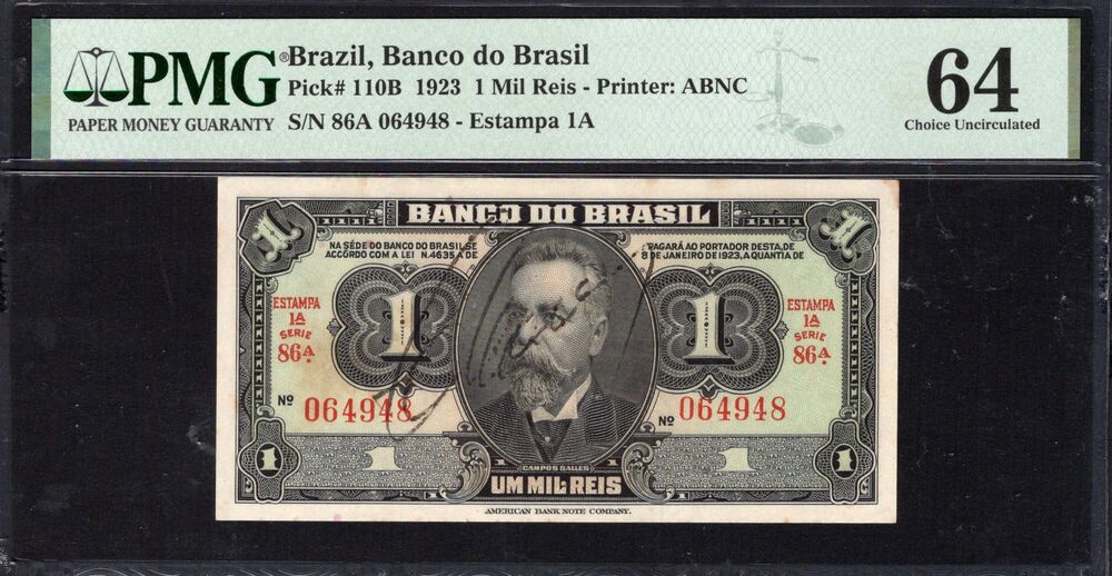 Brazil - 1 Mil Reis 1923 - Pick # 110B - PMG 64