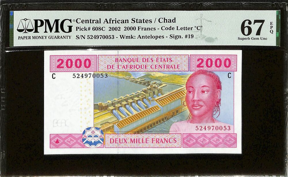 Central African States - Chad - 2000 Francs 2002 - Pick # 608C - PMG 67 EPQ