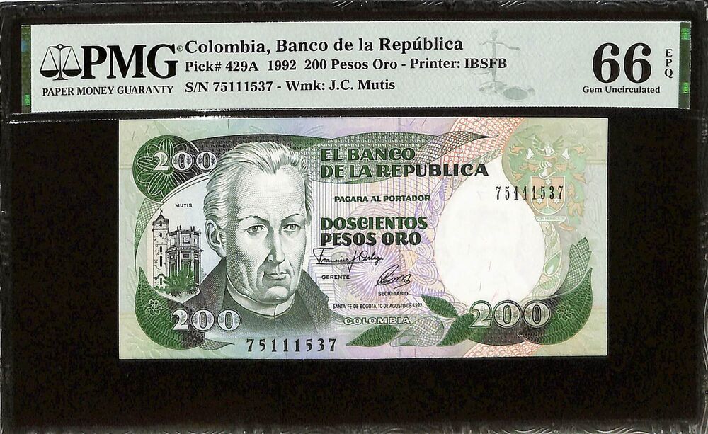 Colombia - 200 Pesos Oro 1992 - Pick # 429A - PMG 66 EPQ