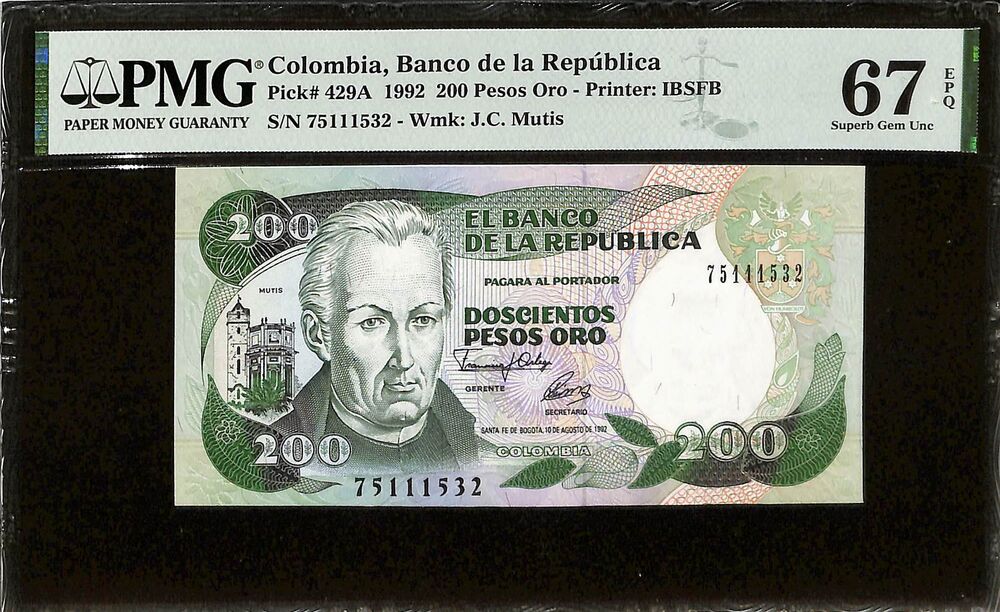 Colombia - 200 Pesos Oro 1992 - Pick # 429A - PMG 67 EPQ
