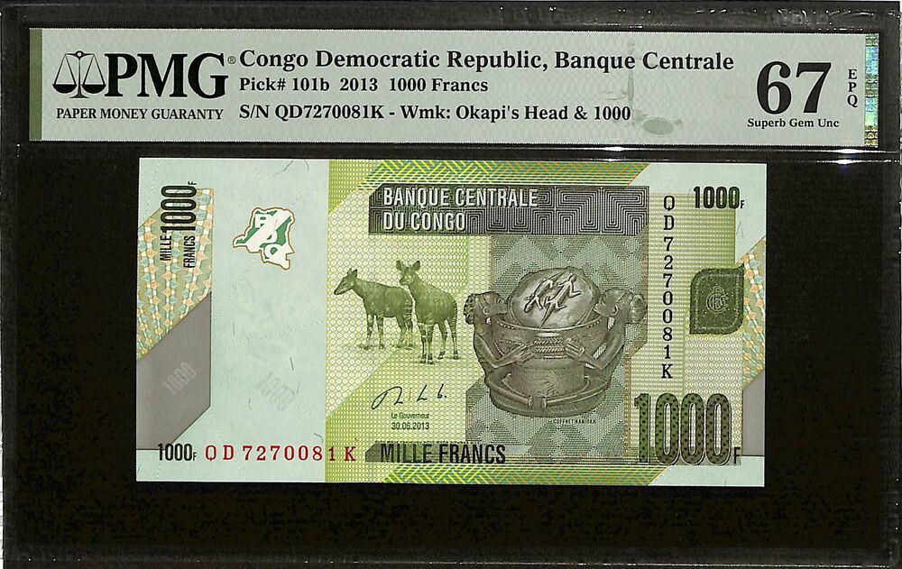 Congo - 1000 Francs 2013 - Pick # 101b - PMG 67 EPQ