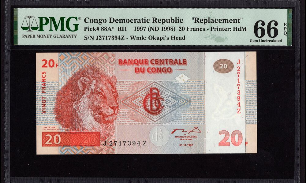Congo - 20 Francs 1997 - Pick # 88A - REPLACEMENT - PMG 66 EPQ