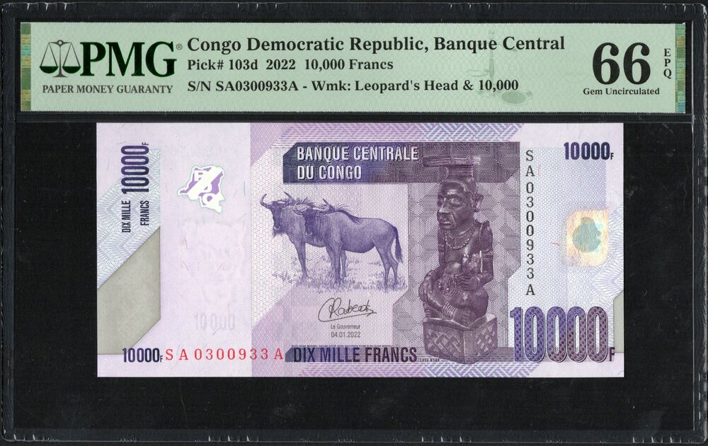 Congo Democratic Replublic - 10.000 Francs 2022 - Pick # 103d - PMG 66 EPQ