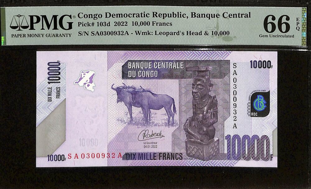 Congo Democratic Republic - 10.000 Francs 2022 - Pick # 103d - PMG 66 EPQ