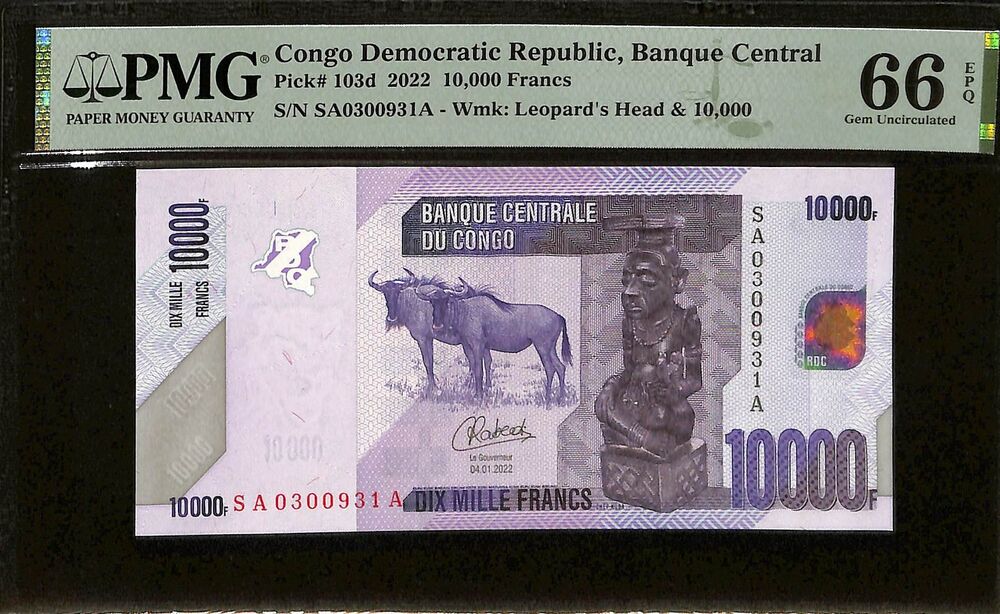 Congo Democratic Republic - 10.000 Francs 2022 - Pick # 103d - PMG 66 EPQ