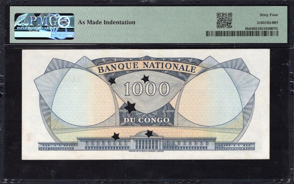 Congo Democratic Republic - 1000 Francs 1961-64 - Pick # 8b - PMG 64