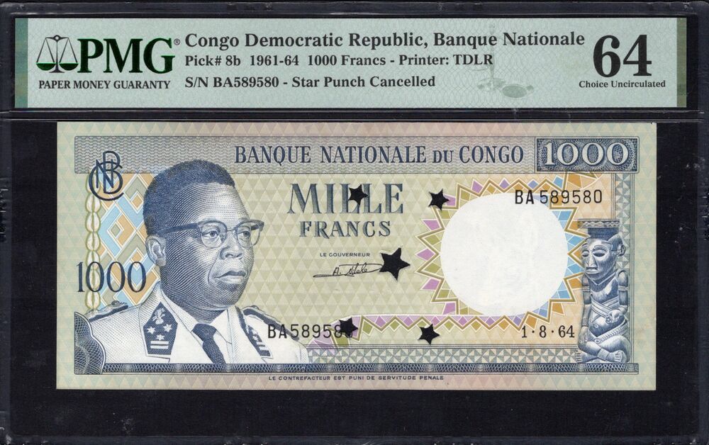 Congo Democratic Republic - 1000 Francs 1961-64 - Pick # 8b - PMG 64