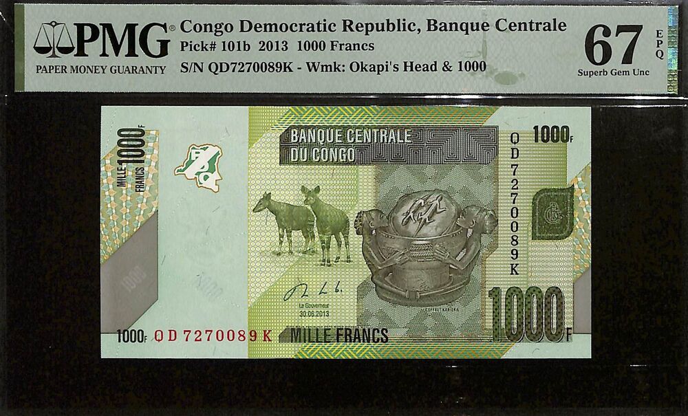 Congo Democratic Republic - 1000 Francs 2013 - Pick # 101b - PMG 67 EPQ