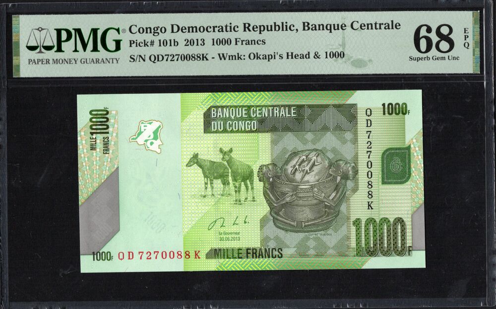 Congo Democratic Republic - 1000 Francs 2013 - Pick # 101b - PMG 68 EPQ