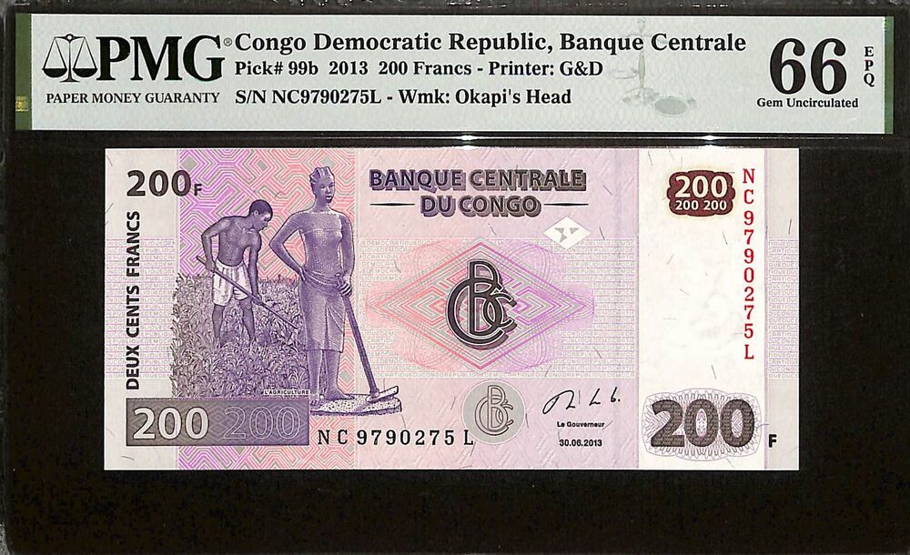Congo Democratic Republic - 200 Francs 2013 - Pick # 99b - PMG 66 EPQ
