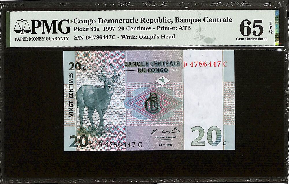 Congo Democratic Republic - 20 Centimes 1997 - Pick # 83a - PMG 65 EPQ