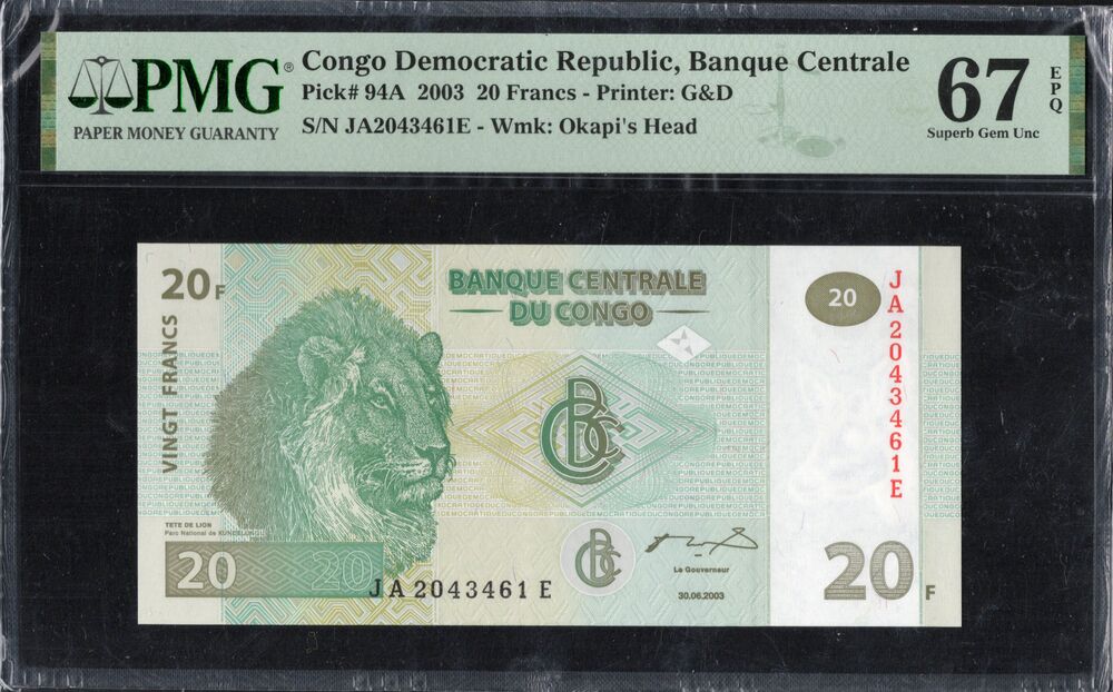 Congo Democratic Republic - 20 Francs 2003 - Pick # 94A - PMG 67 EPQ