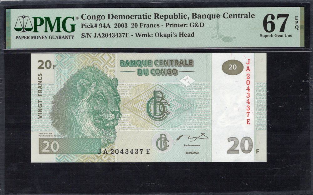 Congo Democratic Republic - 20 Francs 2003 - Pick # 94A - PMG 67 EPQ