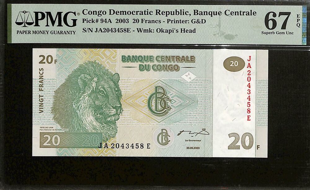 Congo Democratic Republic - 20 Francs 2003 - Pick # 94A - PMG 67 EPQ