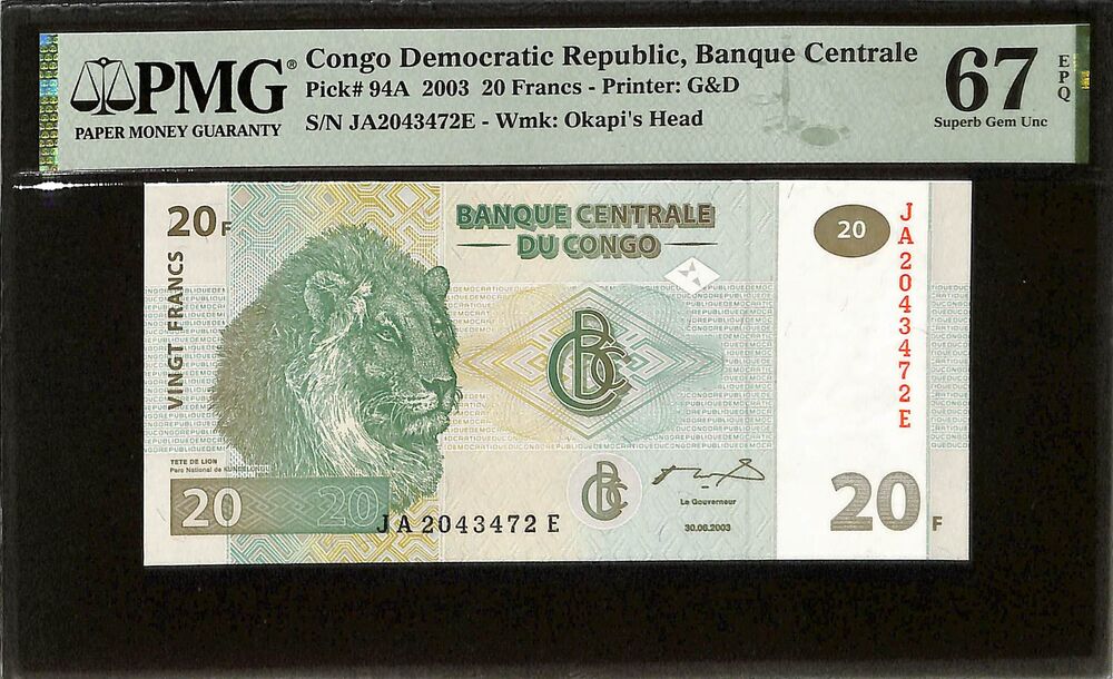 Congo Democratic Republic - 20 Francs 2003 - Pick # 94A - PMG 67 EPQ