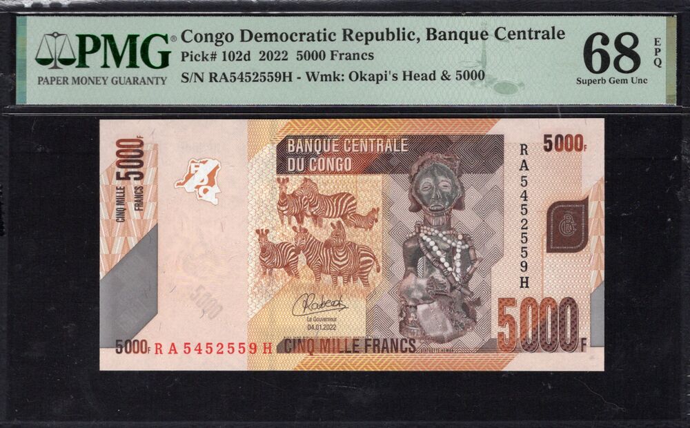 Congo Democratic Republic - 5000 Francs 2022 - Pick # 102d - PMG 68 EPQ
