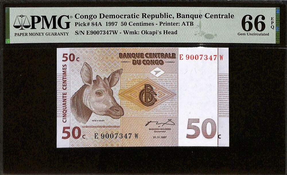 Congo Democratic Republic - 50 Centimes 1997 - Pick # 84A - PMG 66 EPQ