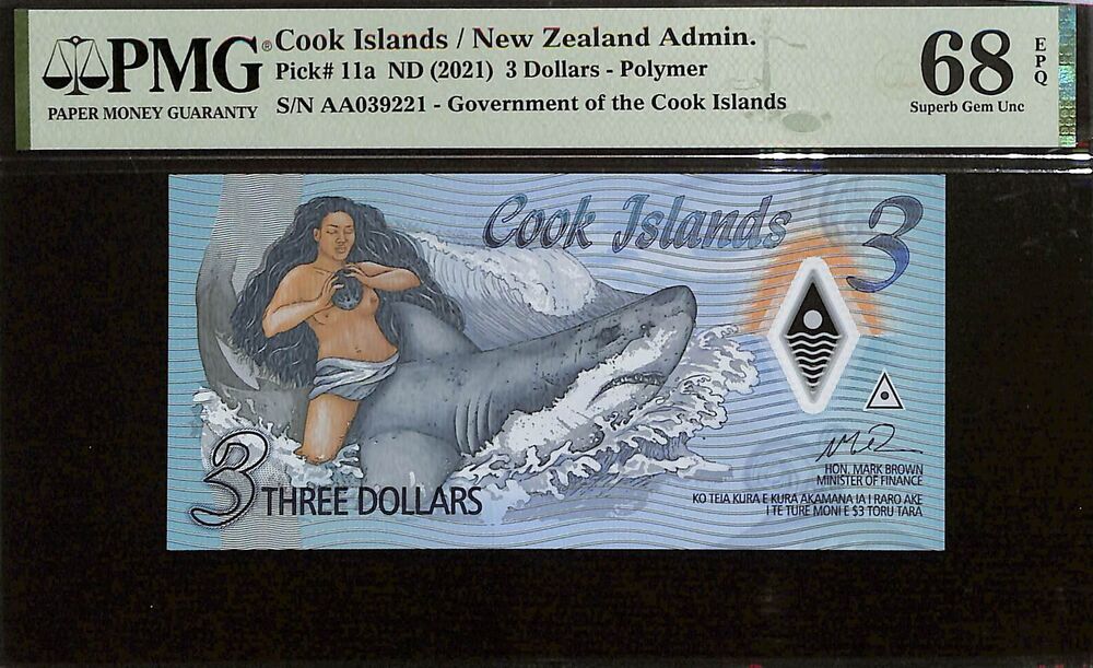 Cook Islands - 3 Dollars ND (2021) - Pick # 11a - PMG 68 EPQ
