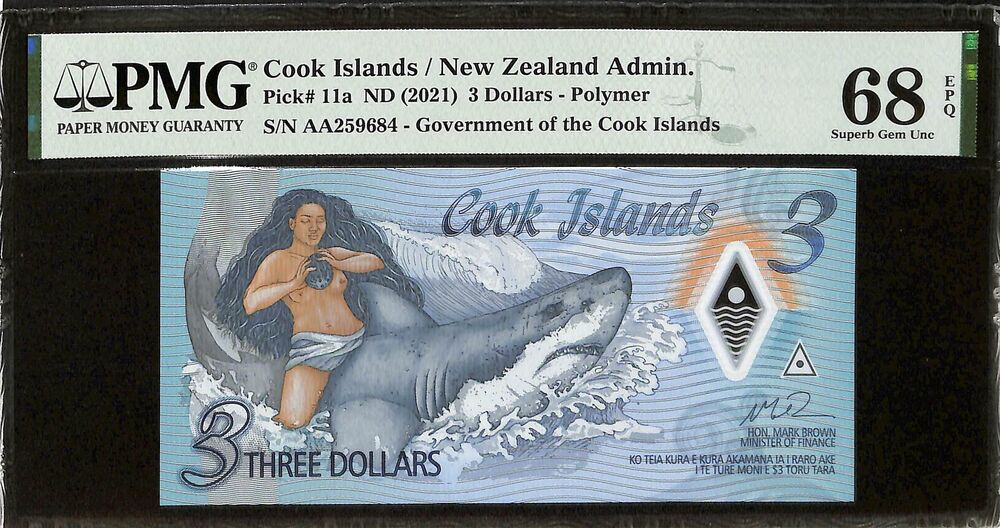 Cook Islands - 3 Dollars ND (2021) - Pick # 11a - PMG 68 EPQ