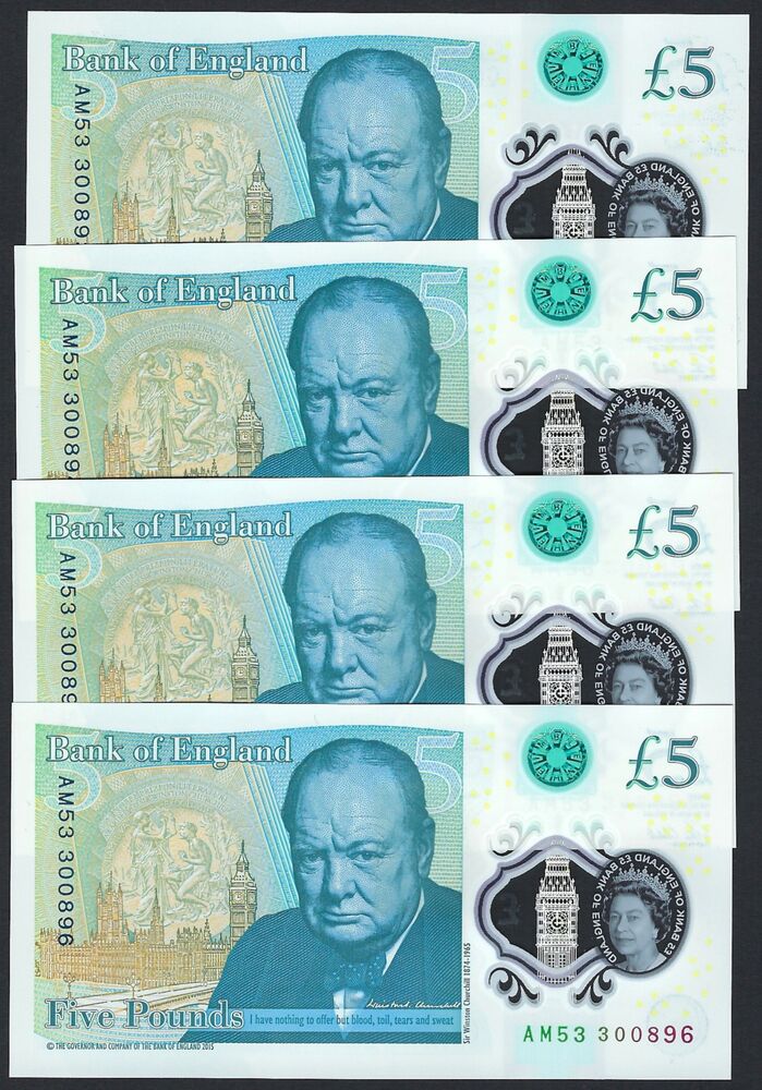 Great Britain - 4 x 5 Pounds 2015 - Pick # 394 - Consecutive - UNC