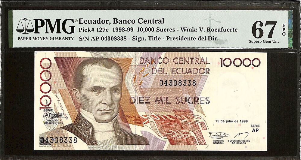 Ecuador - 10.000 Sucres 1998- 99 - Pick # 127e - PMG 67 EPQ