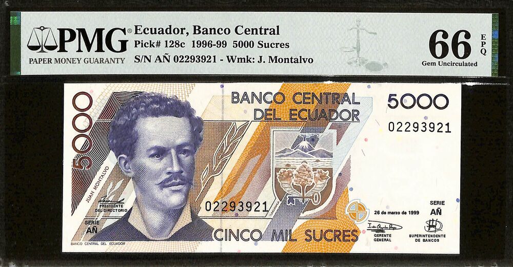 Ecuador - 5000 Sucres 1996-99 - Pick # 128c - PMG 66 EPQ