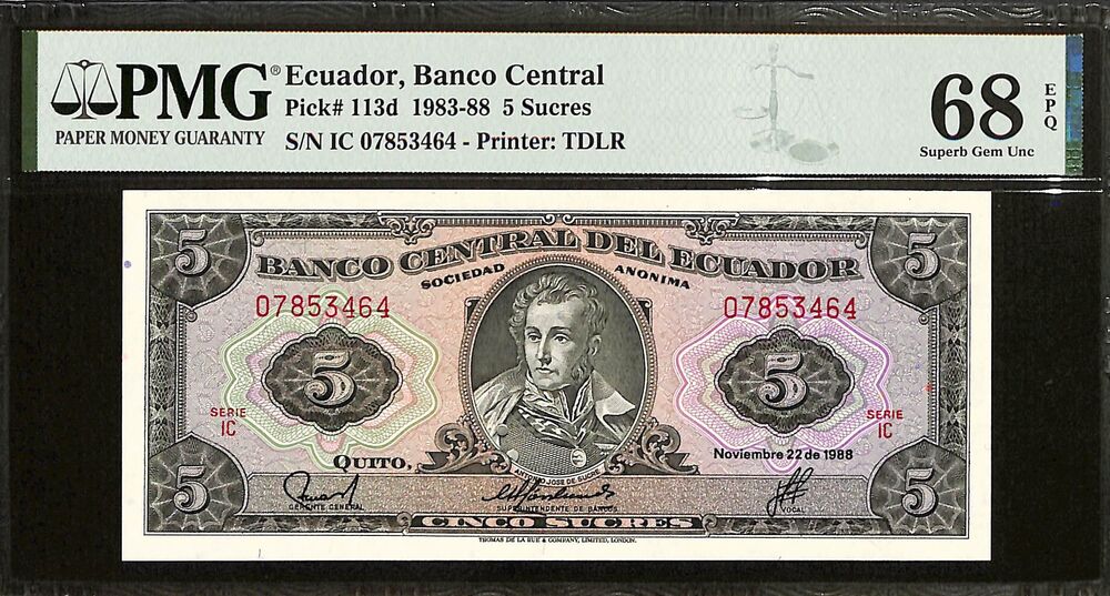 Ecuador - 5 Sucres 1983-88 - Pick # 113d - PMG 68 EPQ