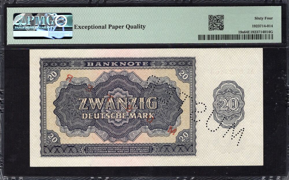 Germany - 20 Deutsche Mark 1955 - Pick # 19s - SPECIMEN - PMG 64 EPQ