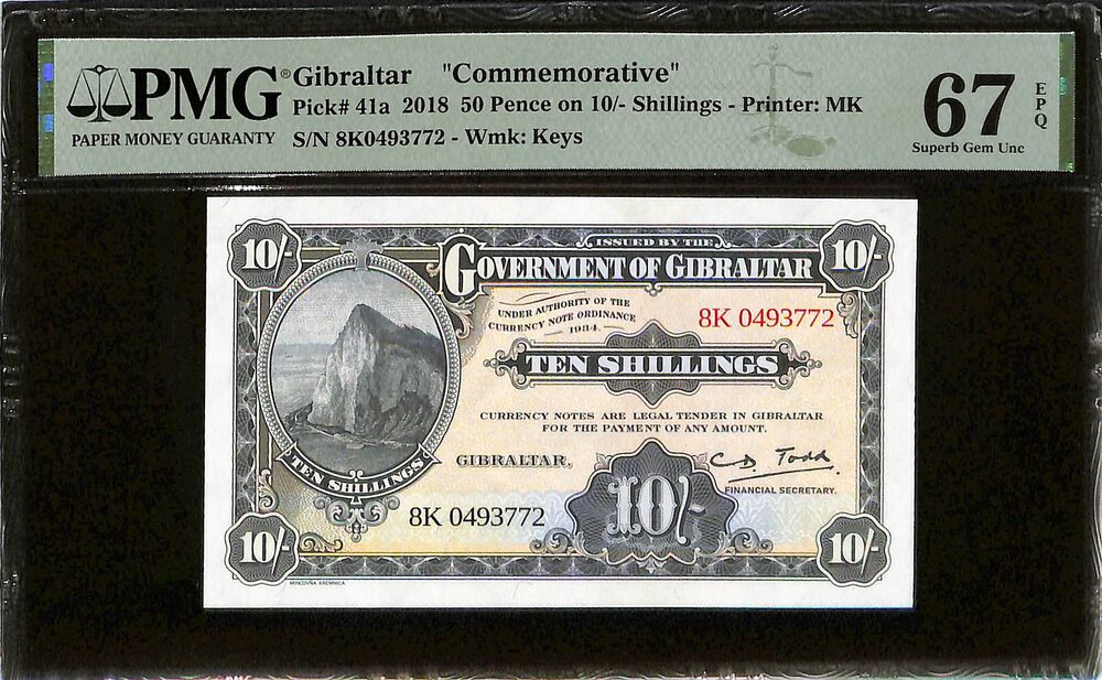 Gibraltar - 50 Pence on 10 Shillings 2018 - Pick # 41a - COMMEMORATIVE - PMG 67 EPQ