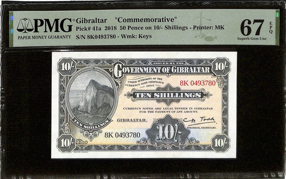 Gibraltar - 50 Pence on 10 Shillings 2018 - Pick # 41a - COMMEMORATIVE - PMG 67 EPQ