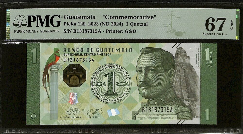 Guatemala - 1 Quetzal 2023 (ND 2024) - Pick # 129 - COMMEMORATIVE - PMG 67 EPQ