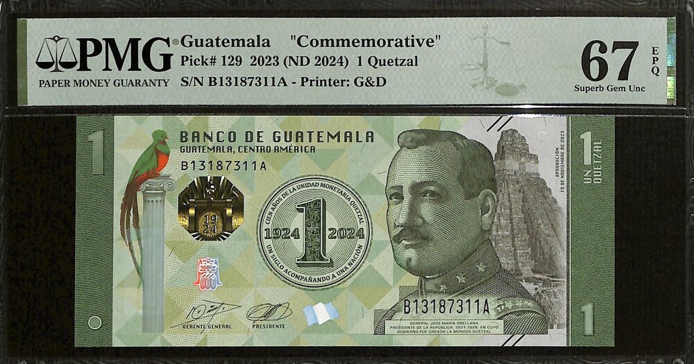 Guatemala - 1 Quetzal 2023 (ND 2024) - Pick # 129 - COMMEMORATIVE - PMG 67 EPQ