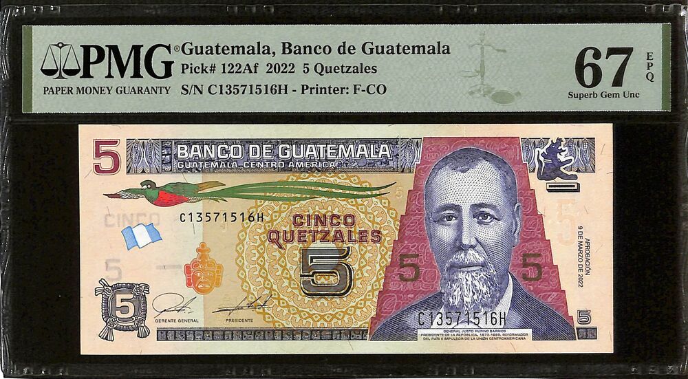 Guatemala - 5 Quetzales 2022 - Pick # 122Af - PMG 67 EPQ