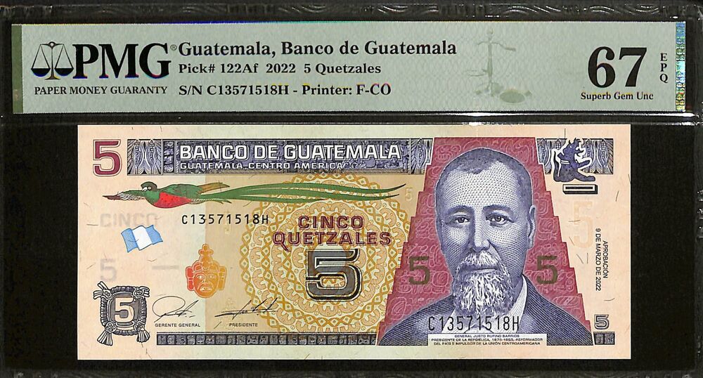 Guatemala - 5 Quetzales 2022 - Pick # 122Af - PMG 67 EPQ