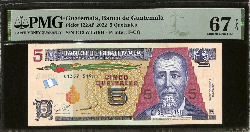 Guatemala - 5 Quetzals 2022 - Pick # 122Af - PMG 67 EPQ