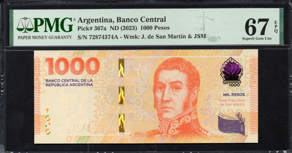 Argentina - 1.000 Pesos 2023 - Pick # 367a - PMG 67 EPQ