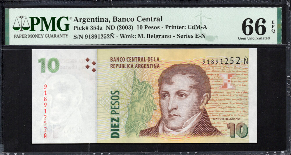 Argentina - 10 Pesos ND (2003) - Pick # 354a - PMG 66 EPQ