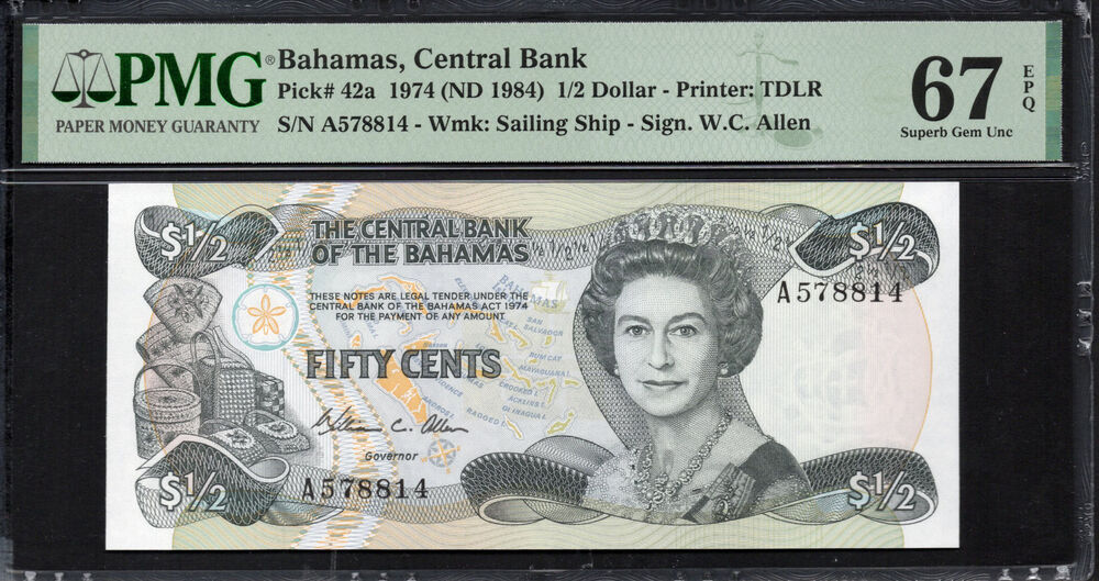 Bahamas - Half Dollar 1974 - Pick # 42a - PMG 67 EPQ