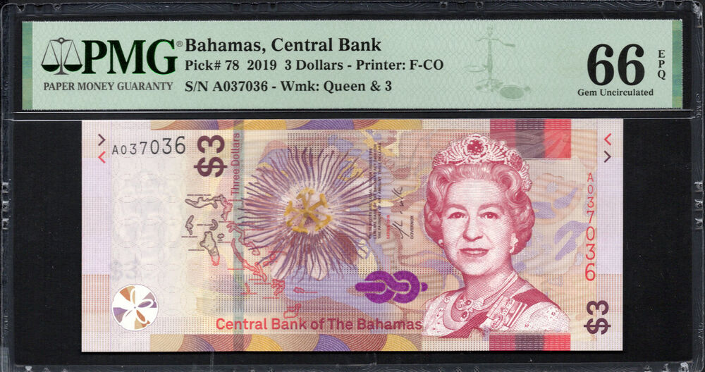 Bahamas - 3 Dollars 2019 - Pick # 78 - PMG 66 EPQ