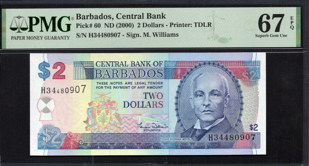 Barbados - 2 Dollars 2000 - Pick # 60 - PMG 67 EPQ