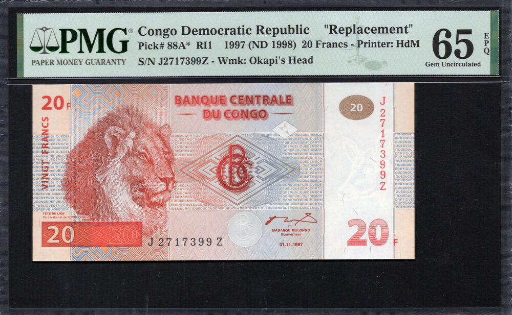 Congo Democratic Republic - 20 Francs 1997 - Pick # 88A - PMG 65 EPQ