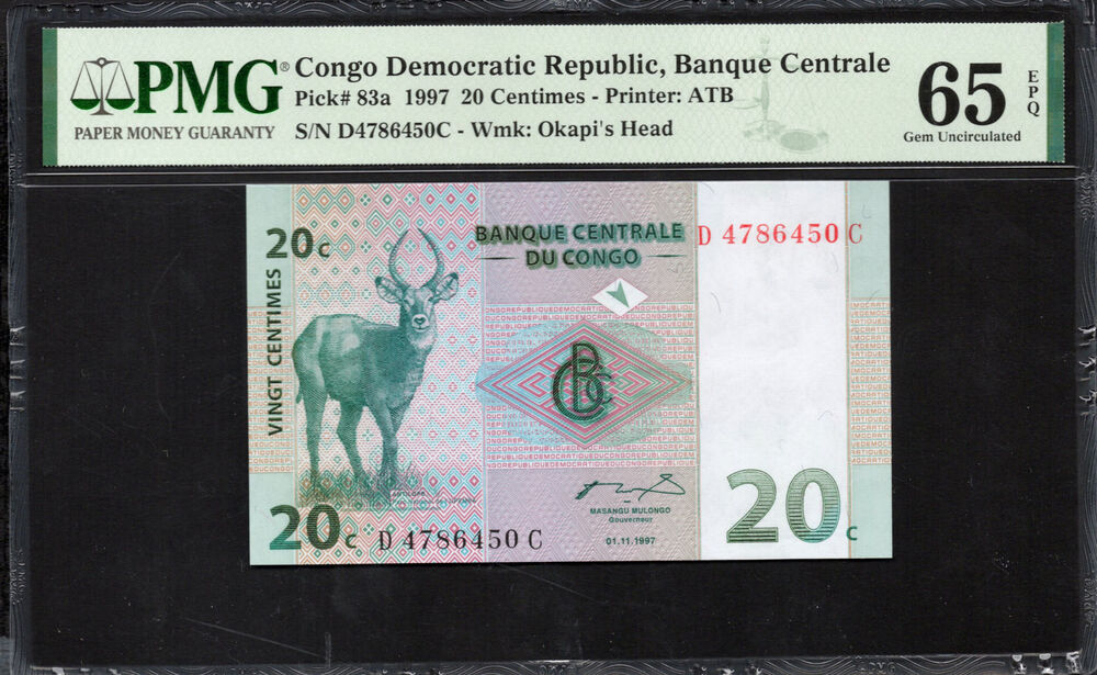 Congo Democratic Republic - 20 Centimes 1997 - Pick # 83a - PMG 65 EPQ