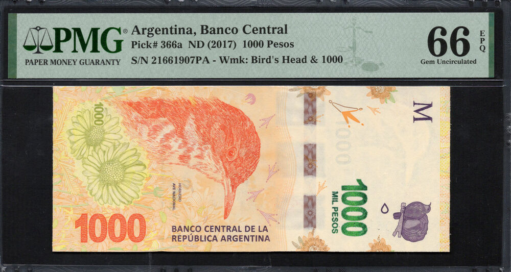 Argentina - 1.000 Pesos 2017 - Pick # 366a - PMG 66 EPQ
